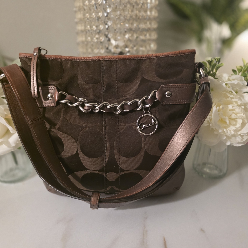 Coach Bronze/Brown Signature Chain-Accent Shoulder Bag